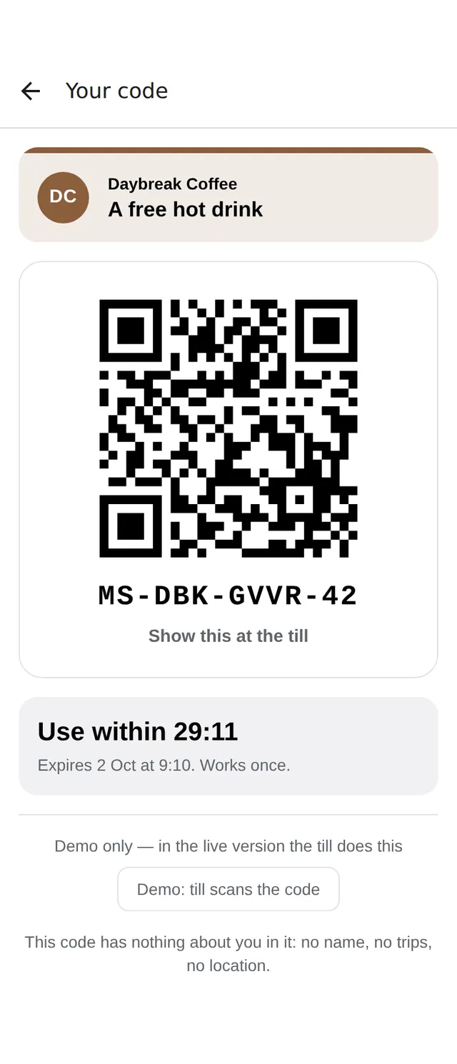 A claimed perk: a QR code and a short code to show at the till, with a countdown of how long it can be used.