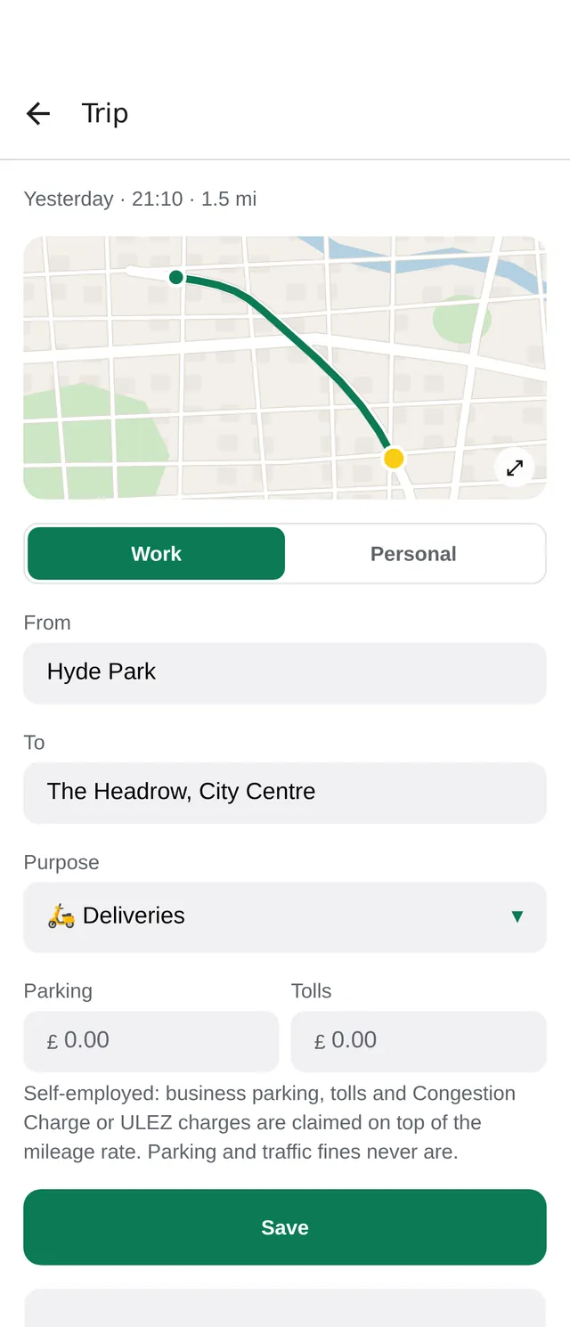A single trip with its route on a street map, a Work or Personal switch, the start and end places, and parking and tolls fields.